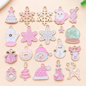 Pink White Enamel Christmas Alloy Pendants Set Santa Claus Snowman Reindeer Tree Charms For DIY Bracelet Necklace Jewelry Accessories