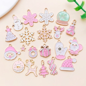 Set of 20 pink enamel Christmas charms in gold alloy for DIY jewelry making