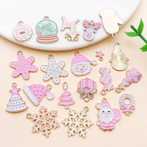 Pink Christmas charms set with Santa, reindeer and tree for DIY jewelry making