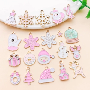 Detailed collection of 19 pink enamel Christmas charms with gold plating for DIY jewelry making