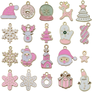 Pink Christmas alloy enamel charms set with Santa, deer and tree for DIY jewelry making