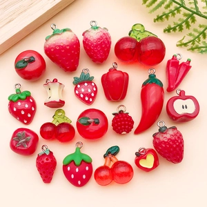 Red resin fruit and vegetable charms for DIY jewelry making including strawberry and cherry