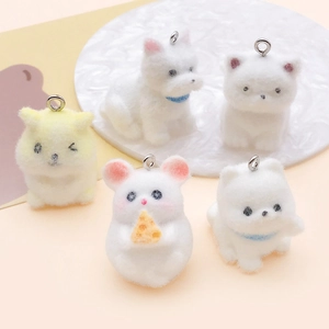 Five pieces of cute flocked animal charms including puppies and hamsters for DIY keychains
