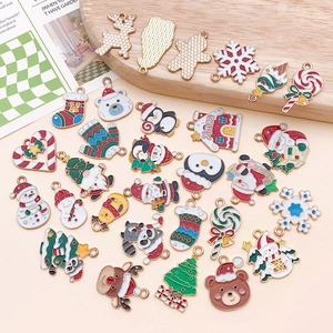 Set of 30 cartoon Christmas alloy charms featuring Santa, reindeer and enamel trees