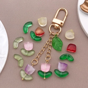 Handmade tulip flower keychain with frosted glass beads and gold metal lobster clasp