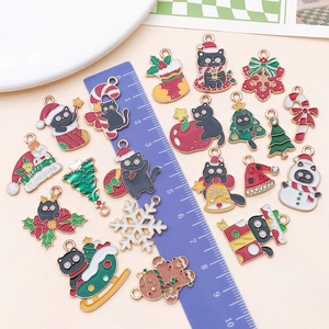 Lot de breloques de Noël en émail avec chats noirs et sapins pour la création de bijoux DIY