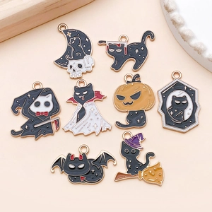Halloween Cartoon Black Cat Enamel Alloy Pendants Creative Skull Ghost Bat Pumpkin Cat Charm For DIY Jewelry Making Accessories