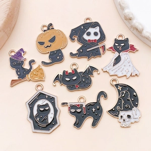 Set of 8 Halloween enamel cat pendants with pumpkin and ghost motifs for DIY jewelry