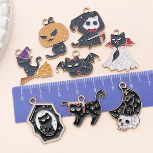8pcs set of creative Halloween cartoon black cat enamel charms with cm ruler for DIY