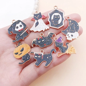 Set of 8 Halloween cartoon cat enamel charms for DIY jewelry making featuring festive motifs