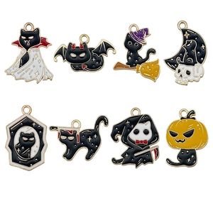 Set of 8 creative Halloween black cat enamel charms with vampire and pumpkin motifs