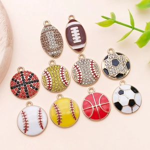 Enameled sport ball charms with rhinestones featuring football, basketball, and baseball