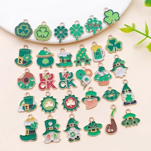 Flat lay of St. Patrick's Day charms featuring lucky green hats, boots, and shamrocks