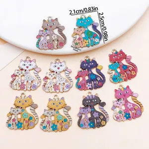 Cartoon Parent Child Cat Zinc Alloy Enamel Drip Oil Pendant Floral Print DIY Keychain Bag Jewelry Making Accessory Charm