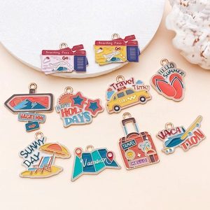 Set of 10 travel themed enamel charms featuring luggage and map for DIY jewelry