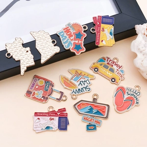 Summer vacation enamel charms set with suitcase, boarding pass and taxi for DIY jewelry