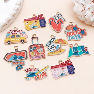 Detailed close-up of 10-piece travel theme alloy pendants with colorful enamel finish
