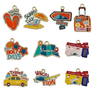 9pcs travel theme alloy enamel charms set with suitcase map and boarding pass designs