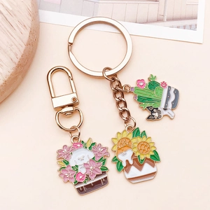 Détails de pendentifs émaillés cactus et chiot avec porte-clés en métal poli