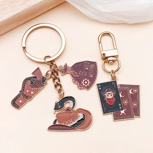 Detail of vintage Western cowboy boot, gun and Wild Western money bag keychain charms