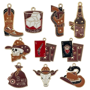 Retro wild western cowboy themed alloy charms set including boots and skull pendants
