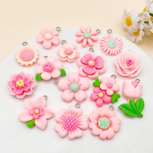 Pink resin flower charms set with metal hooks for DIY jewelry necklaces and bracelets