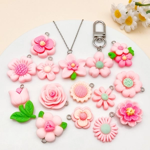 Pink resin flower charms including roses and tulips for DIY jewelry making accessories