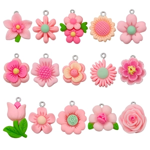 Set of 15 pink resin flower charms including tulips and daisies for DIY jewelry making