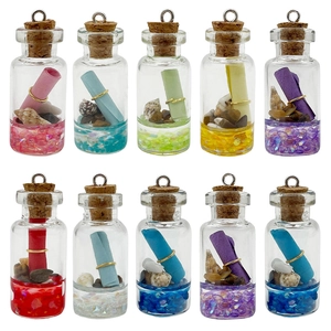 Set of 10 mini resin wishing bottle pendants with colorful shells and cork stoppers