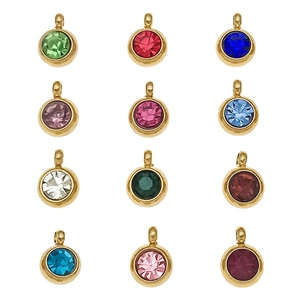 Set de 12 colgantes redondos de 6mm con piedras de nacimiento y marcos de acero dorado