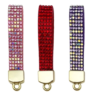 Three-piece rhinestone velvet keychain set in pink, red, and purple with gold metal clips