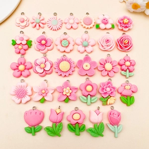 Mixed Resin Flower Pendants Rose Sunflower Tulip Cherry Blossom Charms With Metal Loop For DIY Necklace Jewelry Accessories