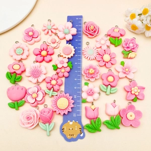Mixed resin flower charms including roses and tulips with metal rings for DIY jewelry