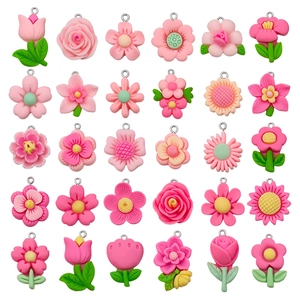 Mix of 30 pink resin flower charms including tulips and roses for DIY jewelry making