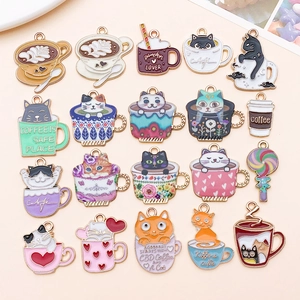 Alloy Cat Coffee Cup Enamel Pendants Cute Cartoon Animal Food Charms For DIY Jewelry Making Keychain Earring Necklace Accessory