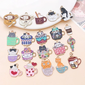 Cute set of 20 enamel cat and coffee cup charms for DIY jewelry making and crafts