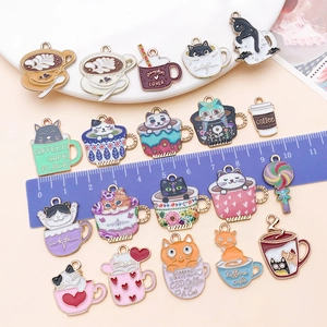 Set of 19 cartoon enamel cat coffee cup charms in assorted colors for DIY jewelry making