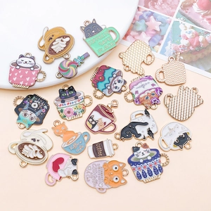 Cute enamel cat and coffee cup alloy pendants for DIY jewelry and keychain accessories