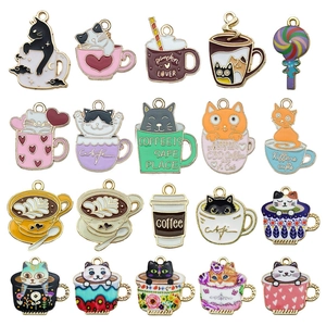 Set of 20 cute cat coffee enamel alloy pendants for DIY jewelry and necklaces