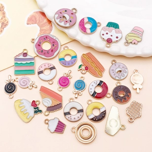 Mixed dessert-themed alloy enamel charms including donuts and cakes for DIY jewelry making