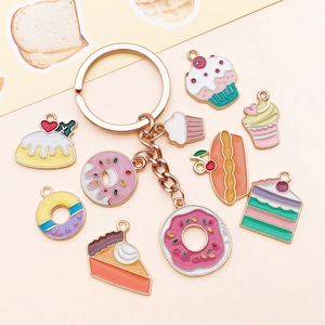 Macaron color metal enamel dessert charms set with donut and cupcake keychains