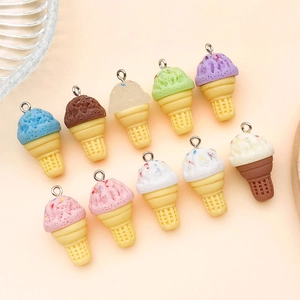 Colorful resin mini ice cream cone charms with metal rings for DIY jewelry making