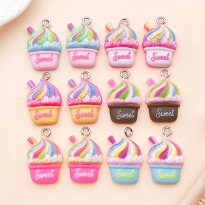 Detailed grid view of assorted colorful resin cupcake charms with Sweet lettering for DIY