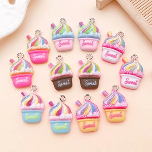 Set of 12 colorful resin cupcake charms for DIY jewelry making with Sweet logo