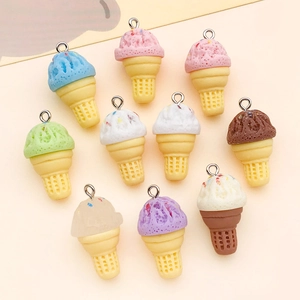 Detailed view of colorful resin ice cream cone charms for DIY jewelry and crafts
