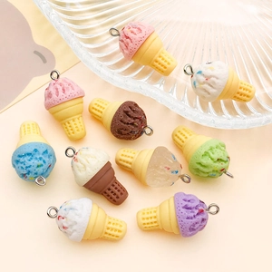Colorful resin ice cream cone charms with metal rings for DIY jewelry and keychains