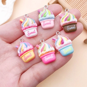 Miniature resin ice cream cup charms with Sweet text and silver hanging rings for DIY crafts