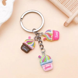 Macro detail of rainbow cream sundae pendants with Sweet lettering for DIY jewelry