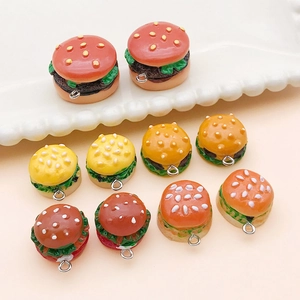 Miniature resin burger charms for DIY keychain and jewelry making with metal rings