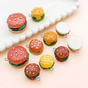 Miniature 3D resin burger charms with metal rings for DIY jewelry and keychains